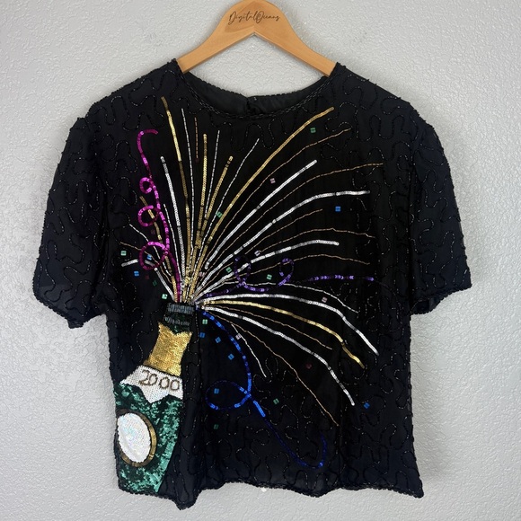 Y2K Vintage 2000 Champagne Pop Sequin Beaded Top - Millennium, Party, NYE - Picture 3 of 10